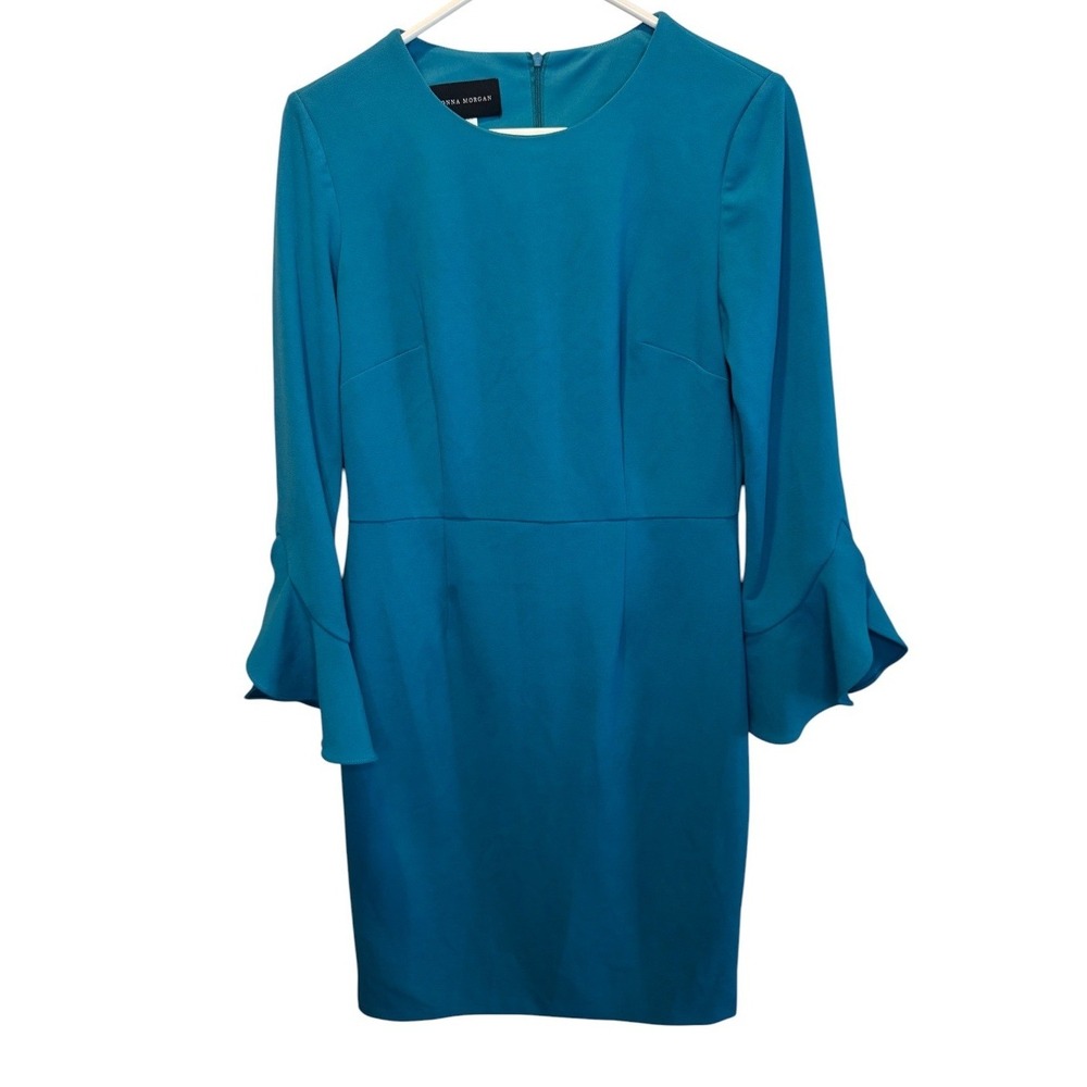 Donna Morgan Womens Teal Sheath Ruffle Bell Sleeve Midi Dress 6 NEW Classic